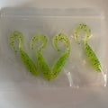 Four hand-poured chartreuse curly tail grubs with green flake